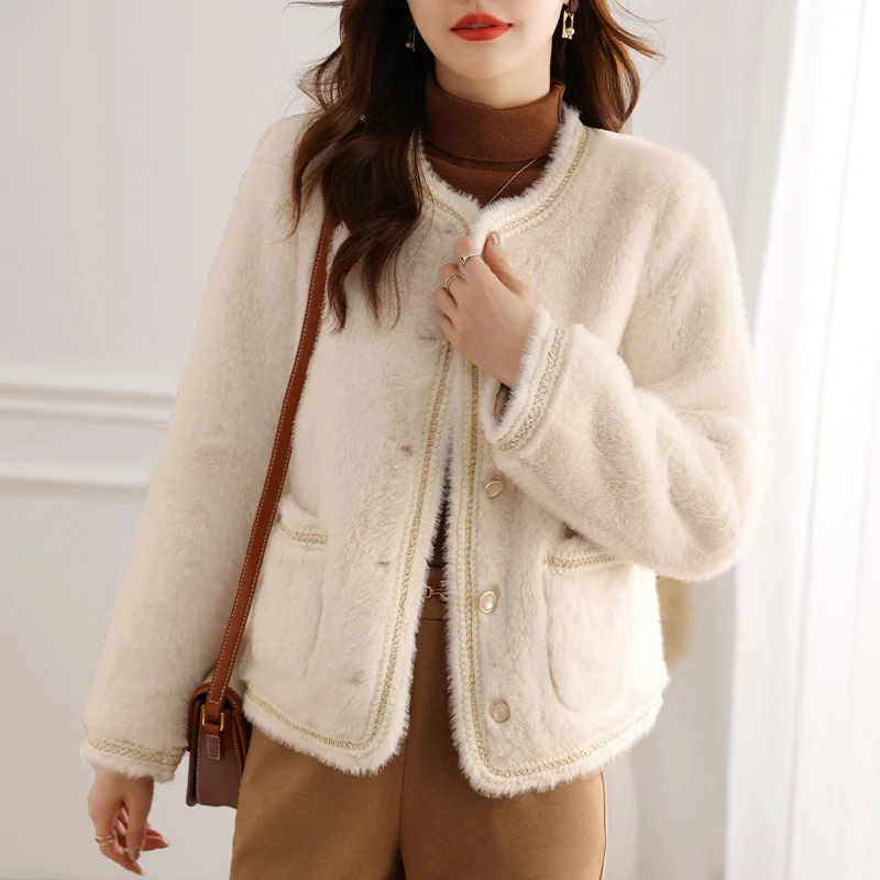 Vimly Faux Fur Women Coat O Neck Button Pockets White Jacket Office Lady Long Sleeve New 2022 Autumn Winter Warm Coat 50563