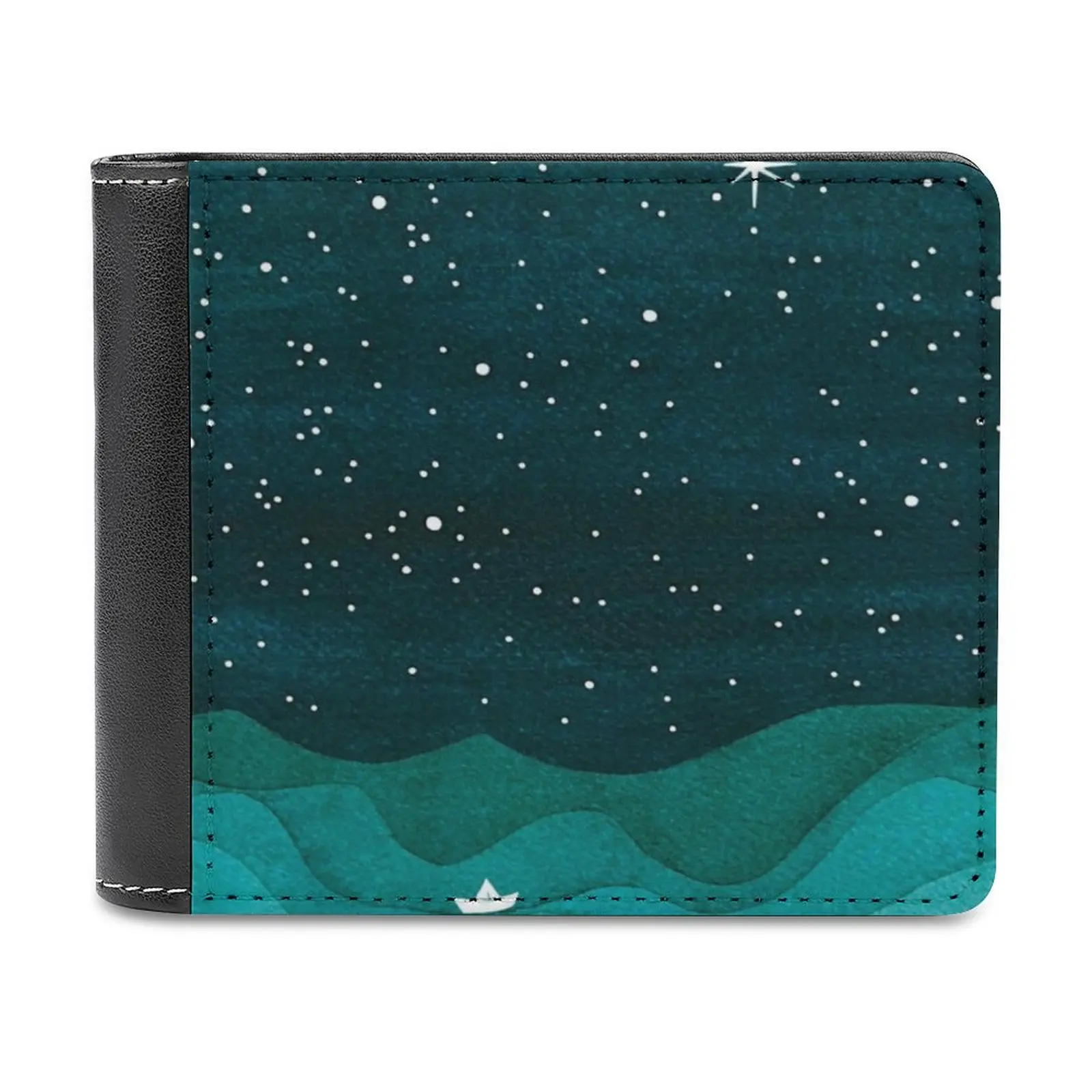 

Кожаный кошелек Starry Ocean с парусной лодкой, акварелью, морскими волнами, ночью, мужской кошелек, персонализированный кошелек «сделай сам», по...