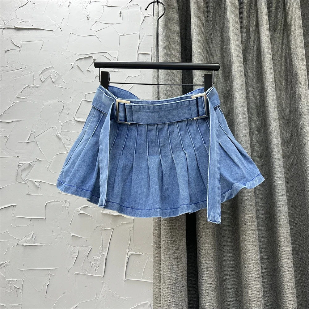 

Hot Girl Denim Skirt Women 2023 New Spring Summer Wide Belt A- Line Slimming Pleated Skirts Sexy Girls Lady Mini Jeans Skirt