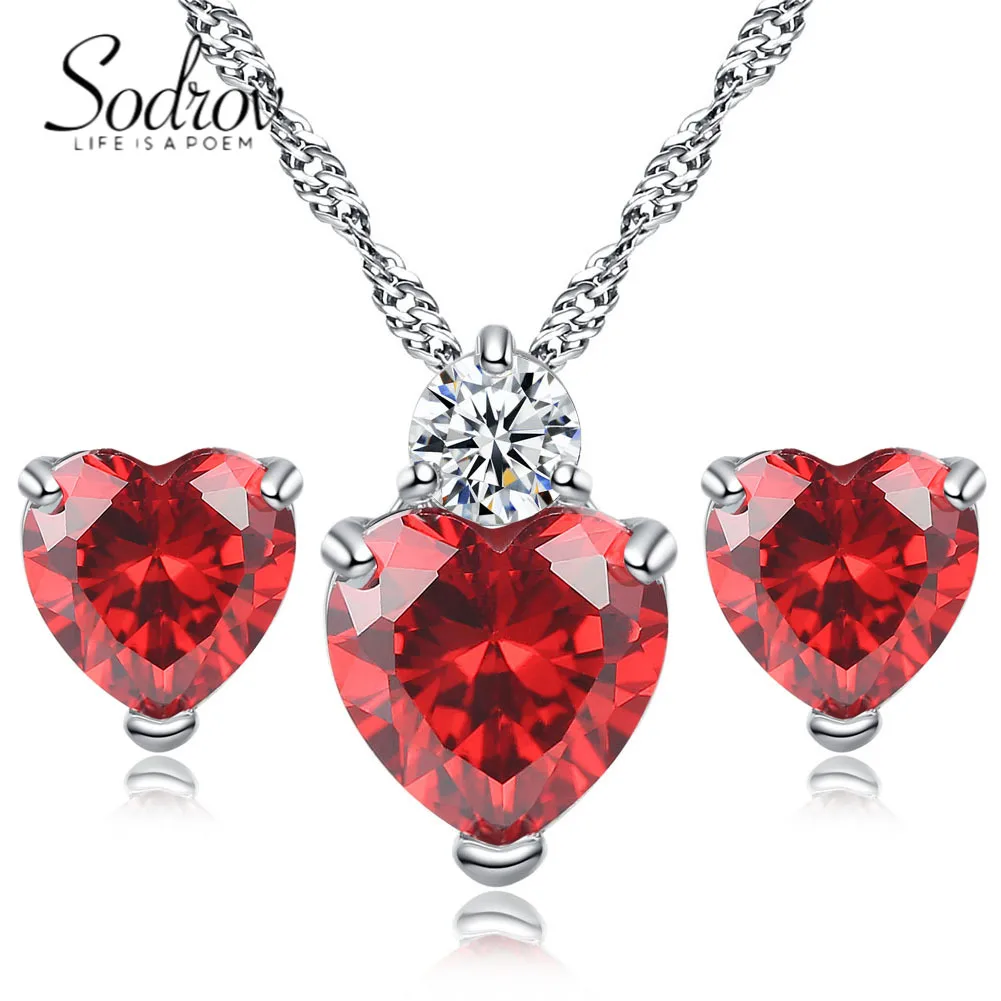 

SODROV Heart Pomegranate Red Crystal Zircon Necklace and Earrings Set