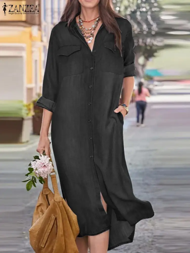 

Платье ZANZEA женское джинсовое с длинным рукавом, Повседневный Сарафан с лацканами и воротником на пуговицах, рабочая одежда, мешковатый кафтан, весна
