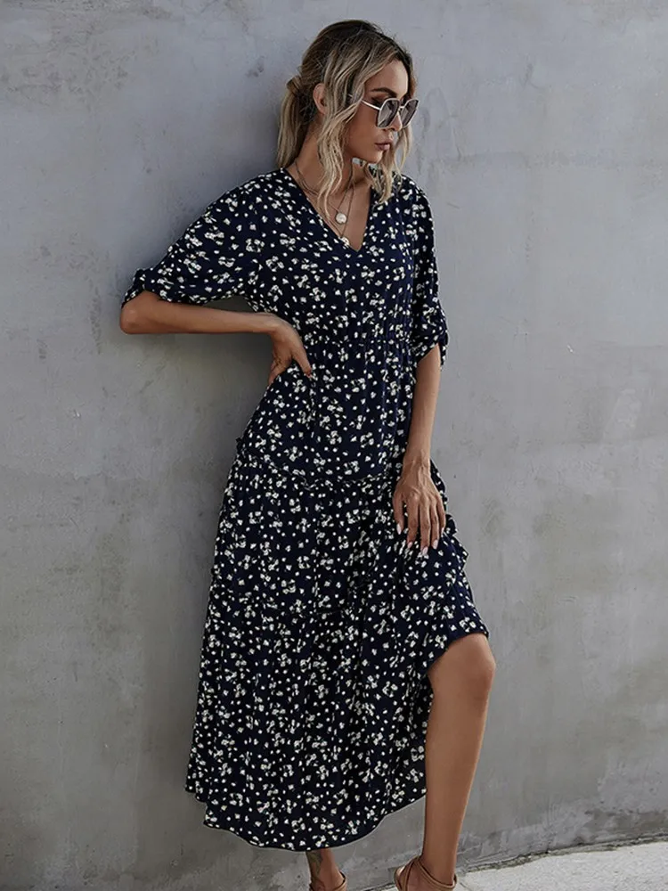 

Spring Summer Half Sleeve Print Long Dress For Women 2022 New Casual V Neck High Waist Slim Ladies Temperament Maxi Dresses