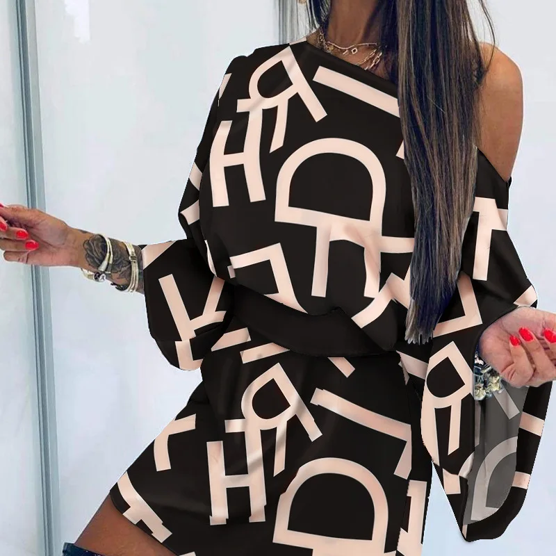 

European American Women's Fashion Clothing Summer Diagonal Collar Sexy Bell Sleeve English Letter Printed Waist-Controlled Dress