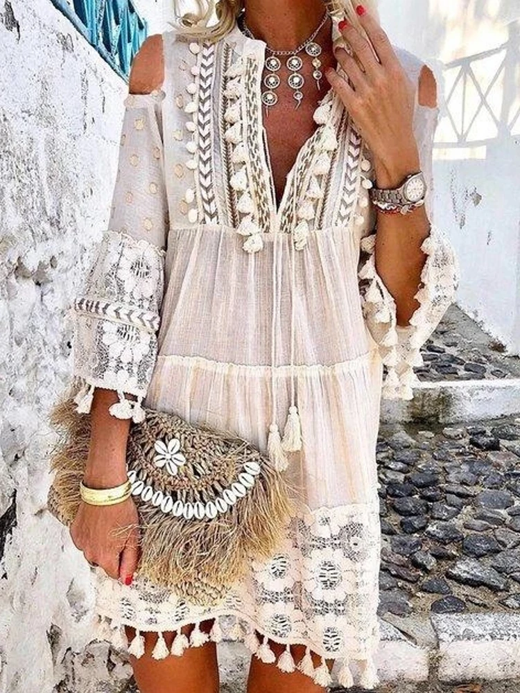 

New Women Female Tassel Lace Dress Casual Loose Beach Midi Dresses Summer Fashion V Neck Boho Retro Solid Patchwork Sleeve Dress
