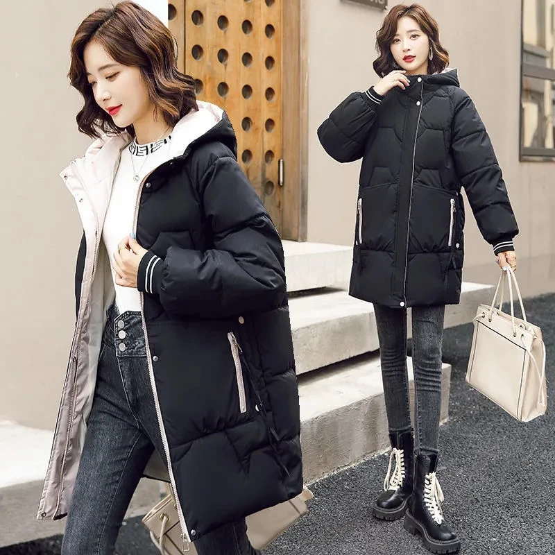 Girls' Solid Color Hooded Winter Jacket Casual Thick Warm Medium Long Coat Basic Zipper Snow Suit Oversized Cotton Jacket