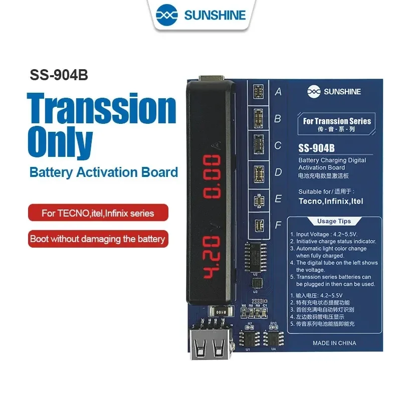 Фото SUNSHINE SS-904B TECNO плата активации с цифровым дисплеем для зарядки аккумулятора серии Transsion, инструменты для тестирования быстрой зарядки аккумулятора №1