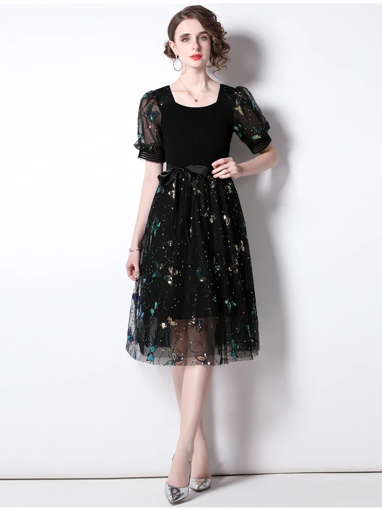 

Fashion Runway Smmer Dress Women Short sleeve Black knitting Splicing Mesh Sequins Embroidery Vintage Midi Party Dress N1905