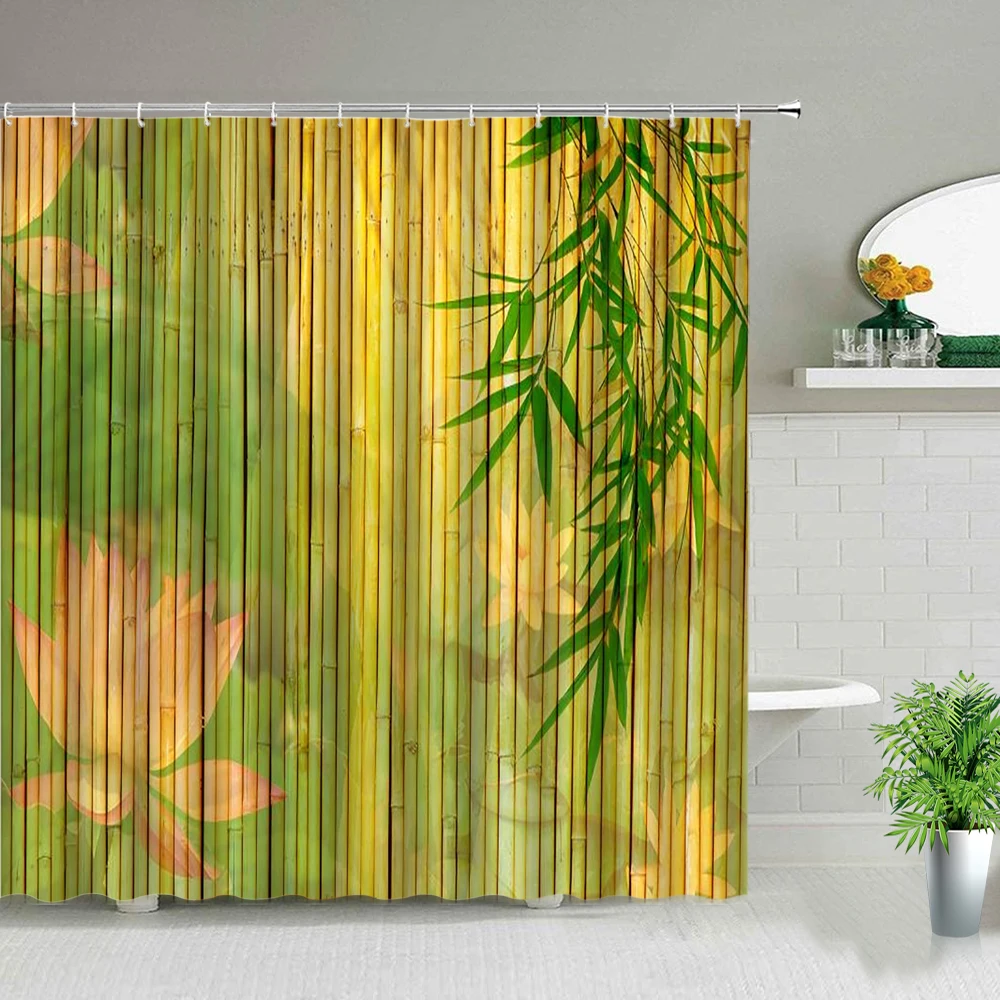 

Chinese Style Green Bamboo Shower Curtain Wood Grain Pattern Starfish Shell Bathroom Waterproof Fabric Bath Screen With Hooks