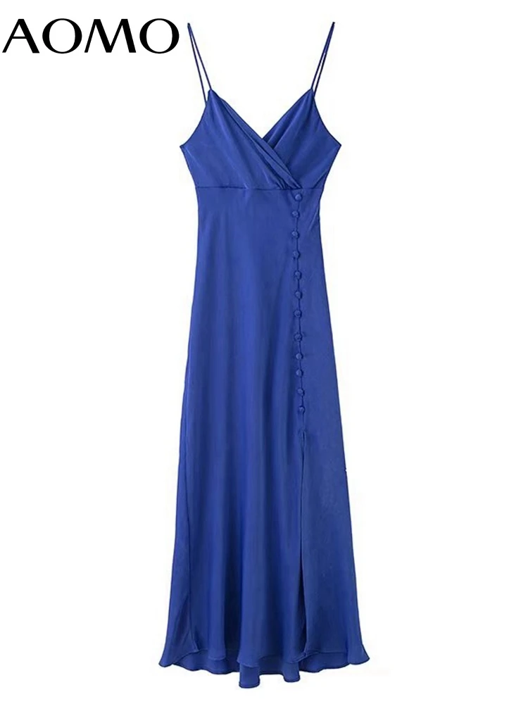 

Женское атласное платье средней длины AOMO, синее однотонное элегантное платье на бретелях без рукавов на пуговицах, модель 3H114A, 2022