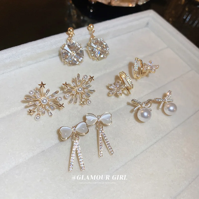 

Minar Korean Style Multi Styles Shiny CZ Zircon Flower Bowknot Earring for Women Brass Geometric Dangle Earrings Casual Jewelry