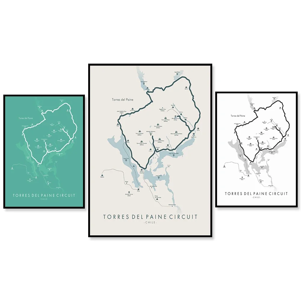 Плакат Torres Del Paine Trail | Карта Пеший туризм Чили Поход Ожимайте свое приключение