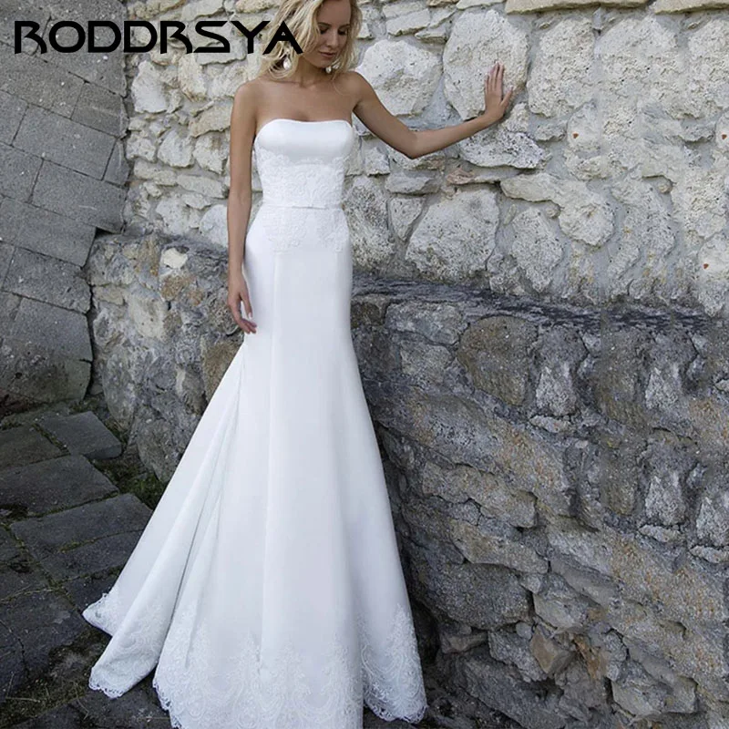 

RODDRSYA Sexy Strapless Sleeveless Backless Wedding Dress Simple Satin Applique Bridal Gown Romantic Lace Up Mermaid Bride Party