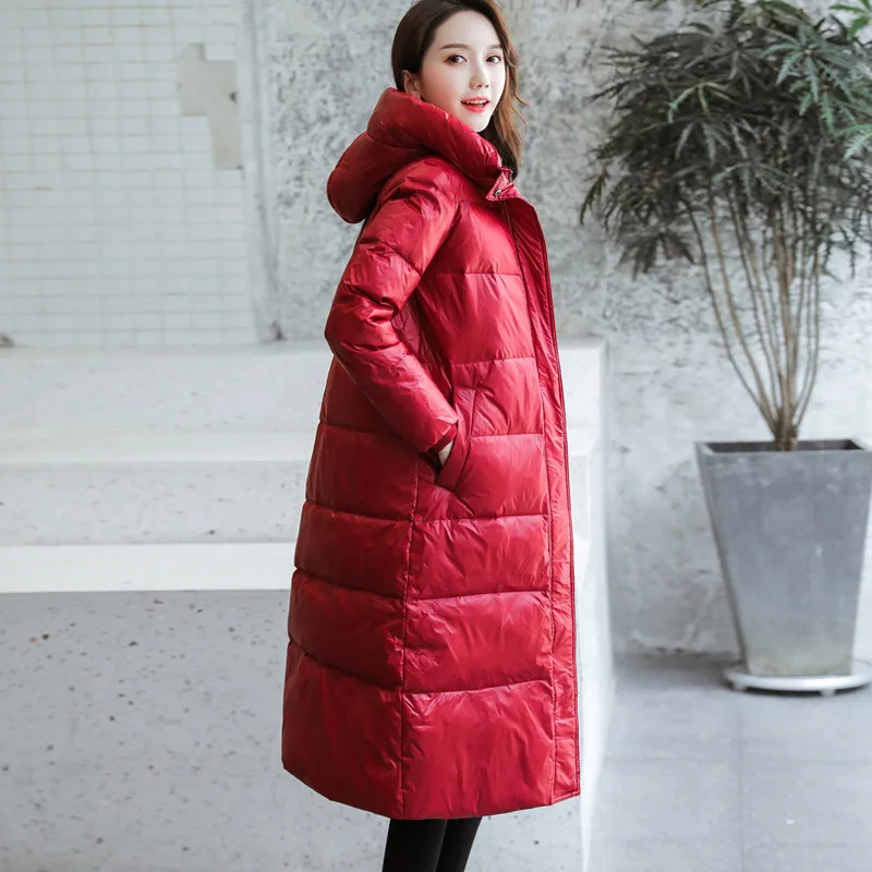 2021 Autumn Winter 90% White Duck Down Long Women Coat Female X-long Thick Warm Parkas Women Down Hooded Jacket Women Red Black