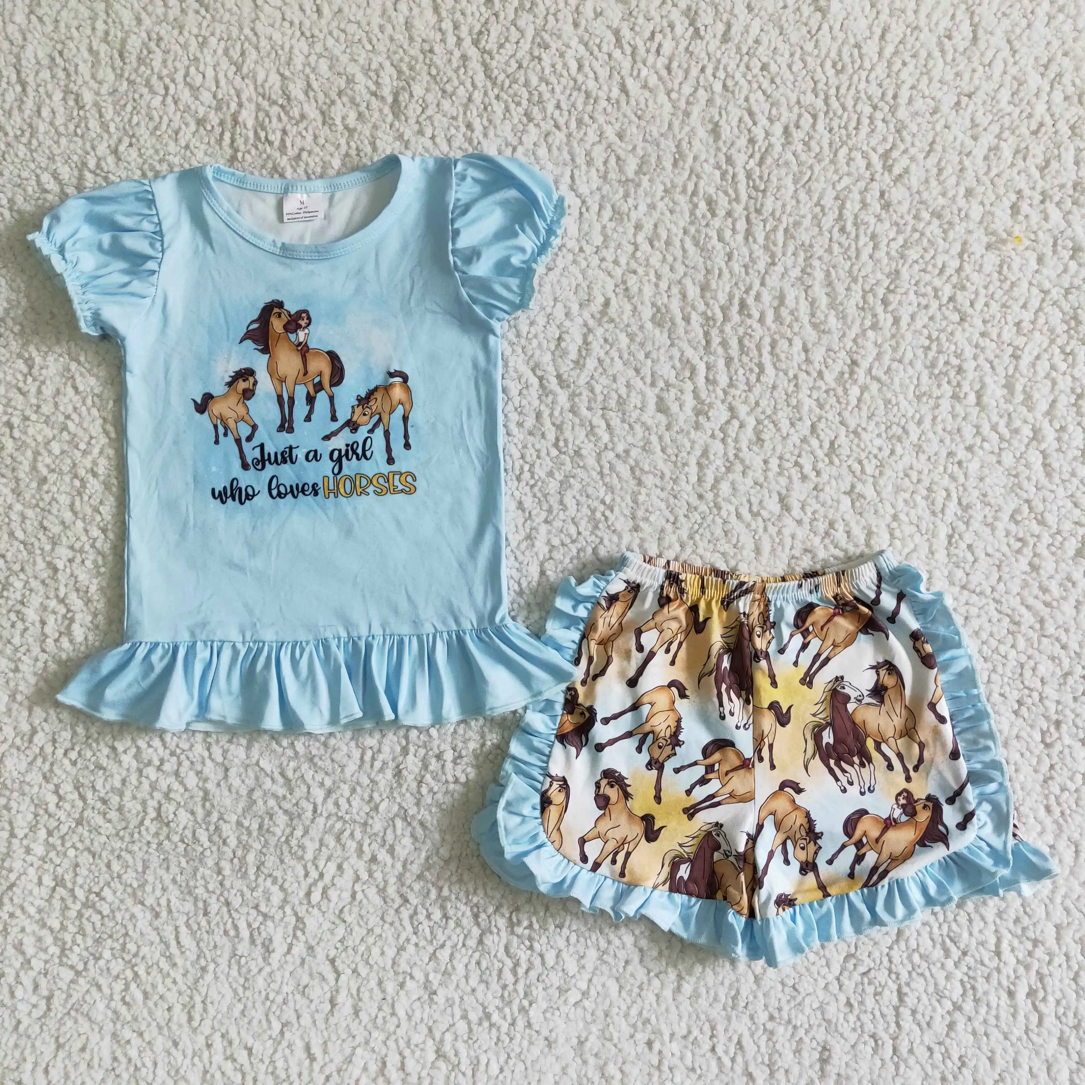

wholesale baby girl clothing set fashion kids clothing short sleeve blue print top and cartoon shorts