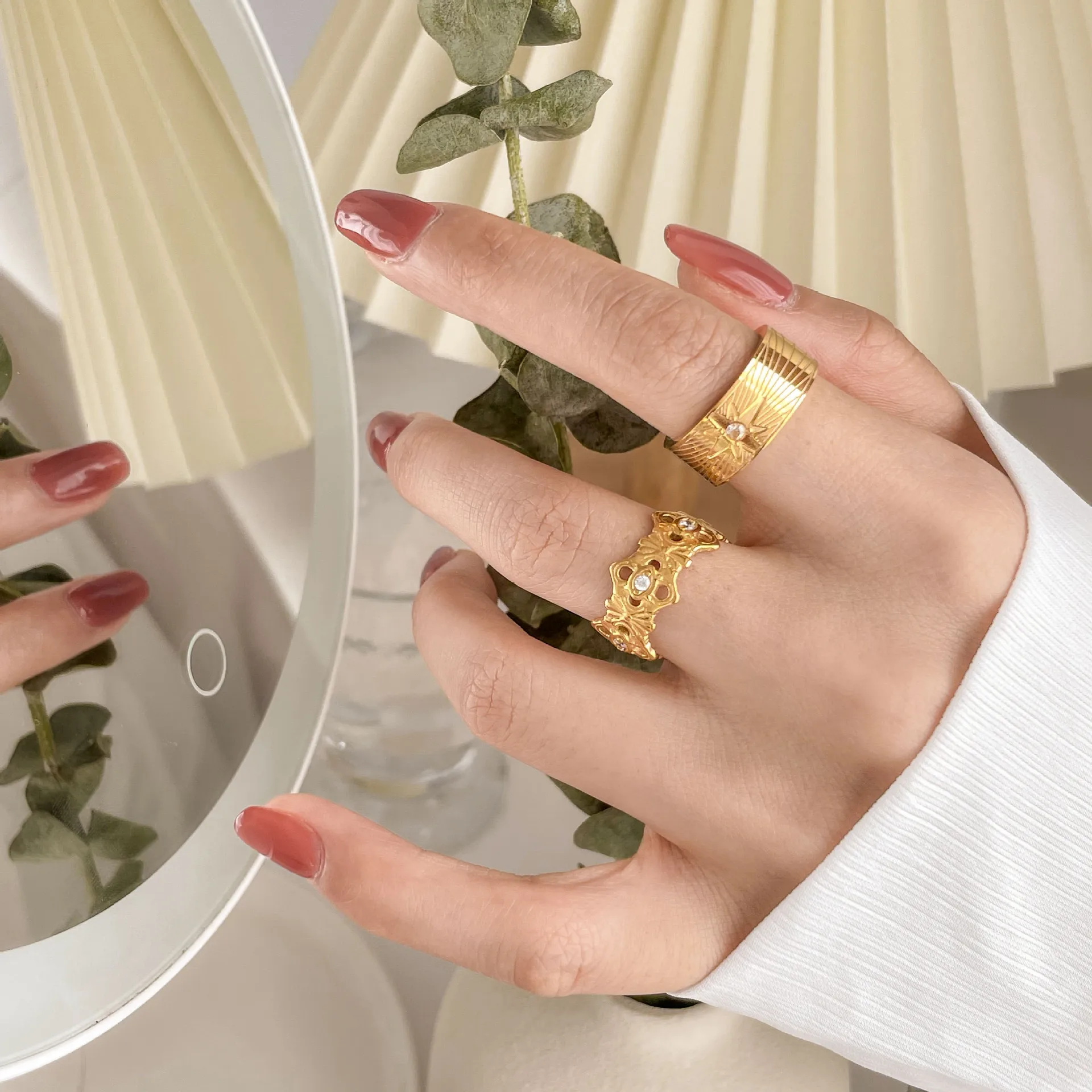 

Dainty Bohemian Gold Color Zircon Star Rings For Women Fashion Boho Carving Daisy Star Moon Rings Party 2022 Trend Jewelry Gift