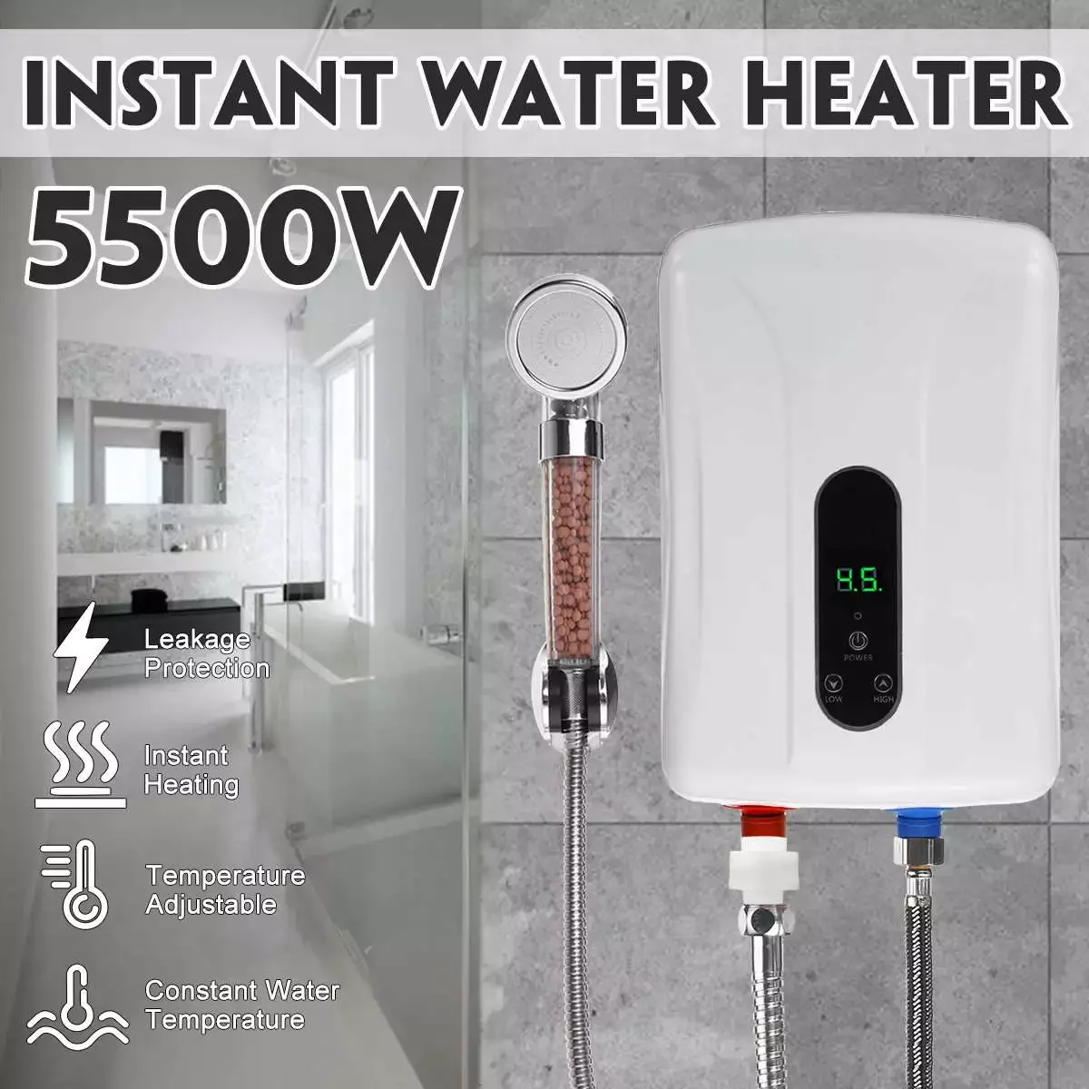 5500W 220V Instant Electric Water Heater Bathroom Kitchen Smart Touch Tankless Water Heater Temperature Display Heating Shower