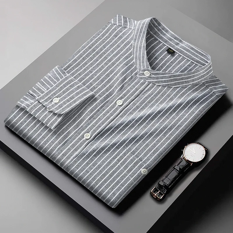 Mattswag Mens Blue White Stripe Couple Shirts High Quality Stand Collar Long Sleeve Shirts Casual Loose Business Camisas Hombre