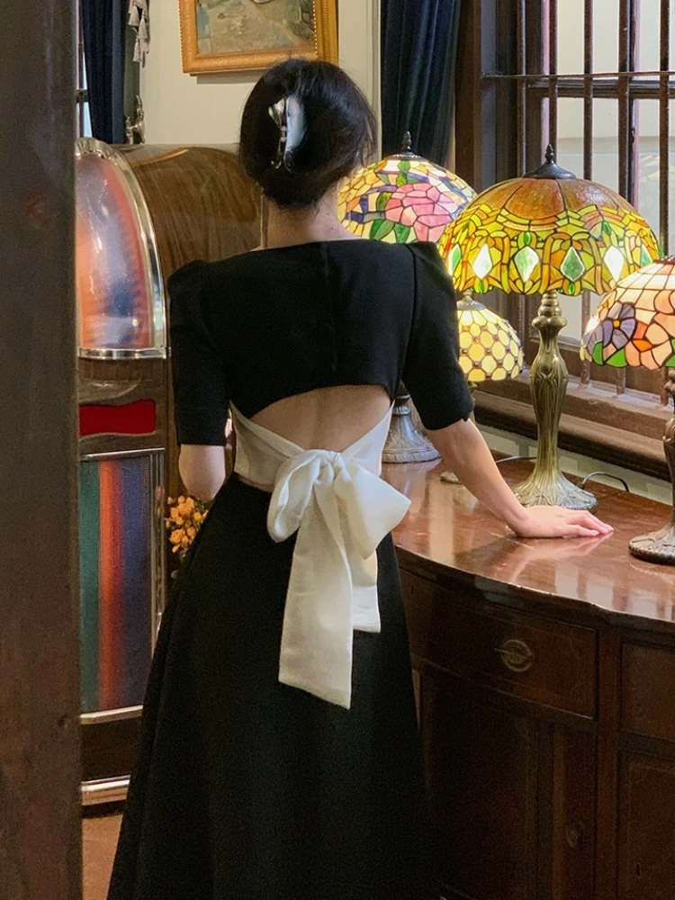 

Bow Black Midi Dress Women Pure Color Vintage Elegant Dress Casual Short Sleeve Design One Piece Dress Korean 2022 Summer Chic