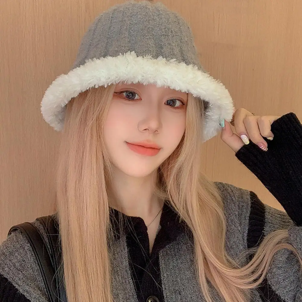 

Soft Fisherman Hat Cozy Stylish Women's Winter Fisherman Hat Knitted Plush Windproof Foldable Washable Anti-slip Bucket Cap Dome