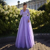 elfin long sleeve purple evening dresses v neck lace a line mother party gowns corset back prom dress plus size