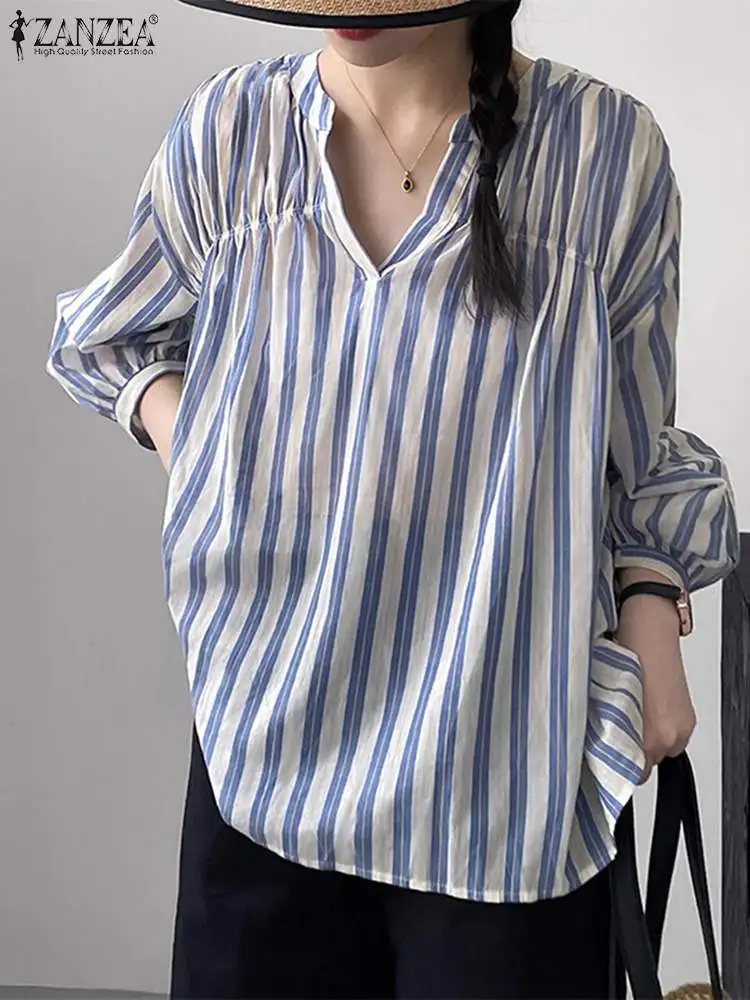 

ZANZEA Fashion Stripe Blouse For Women Spring V-Neck Puff Sleeve Shirt Casual Loose Holiday Work Tops Female Loose Chemise Tunic