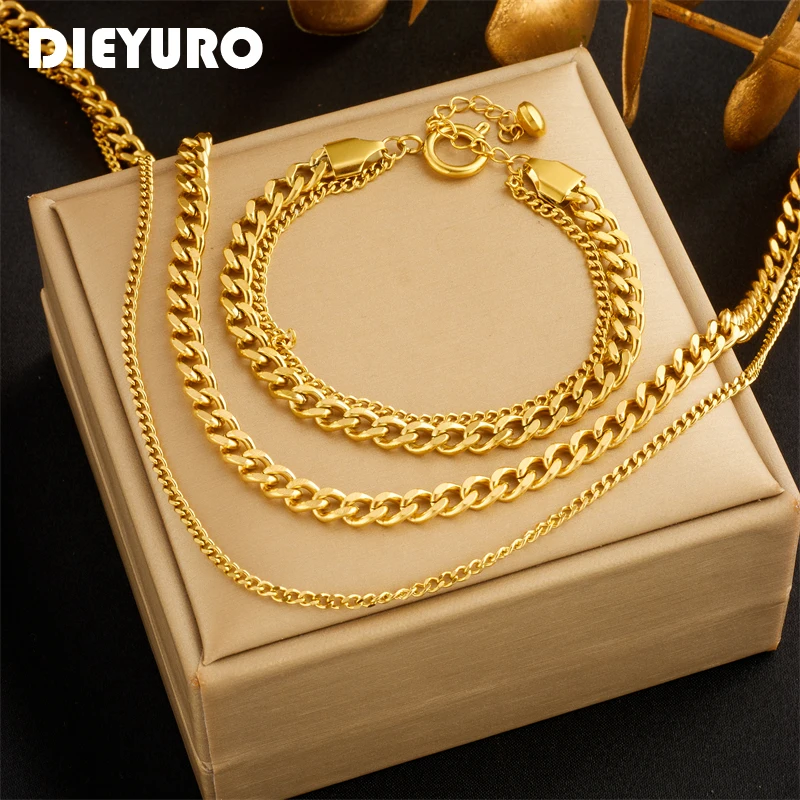 

DIEYURO 316L Stainless Steel 2-Layer Link Chains Necklace Bracelets For Women Girl Fashion Waterproof Gold Color Jewelry Set