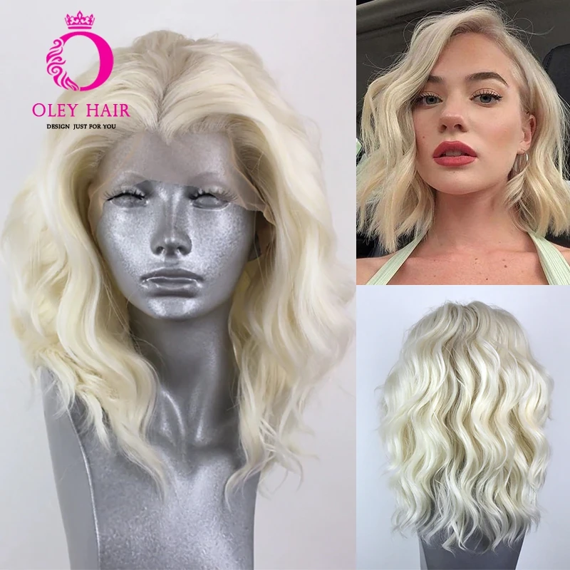 Platinum Blonde Synthetic Lace Front Wig Heat Resistant Free-part Short Wave Cosplay Drag Queen Wigs For Black Women Oley