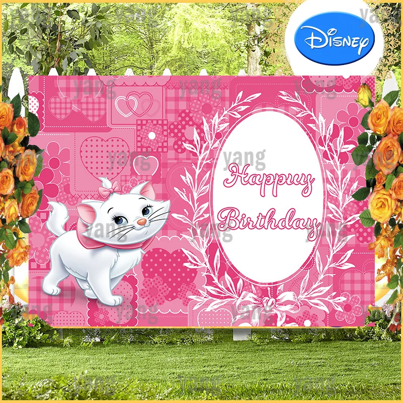 Enlarge Romantic Pink Wedding Disney Garland Mirror Baby Shower Marie Cat Background Party Supplies The AristoCats Backdrop Birthday