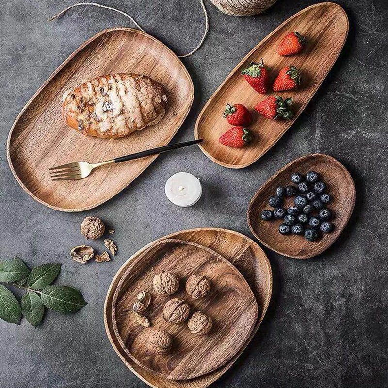 

Pure Wood Lovesickness Wood Irregular Oval Solid Wood Pan Plate Fruit Dishes Saucer Tea Tray Dessert Dinner Plate Tableware Set