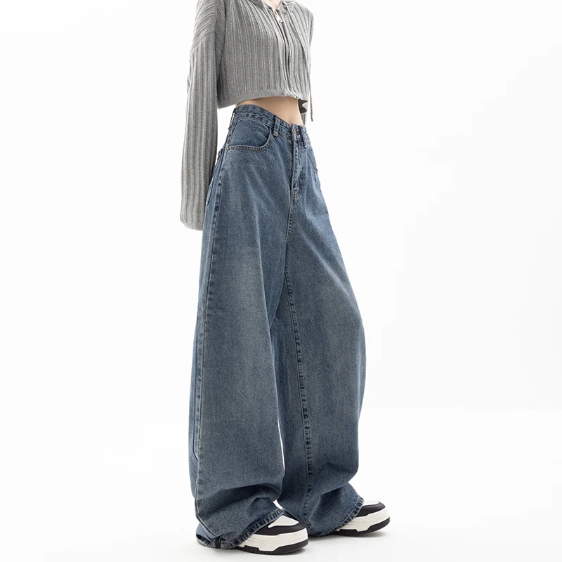 Autumn and Winter New Classic Blue Jeans Women's Straight Loose Wide-Leg Pants Retro Minority Hemming Embroidery