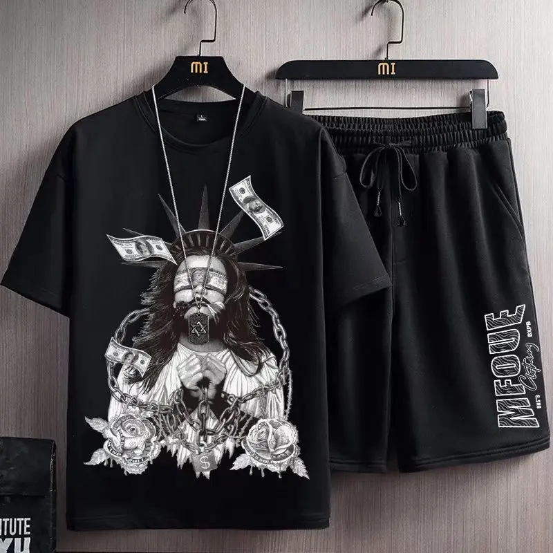 Party Tshirts Shorts Two Piece Set Summer Gothic Men Clothing Sets Japanese Streetwear Mens Fashion Clothing Trends Funny Tops