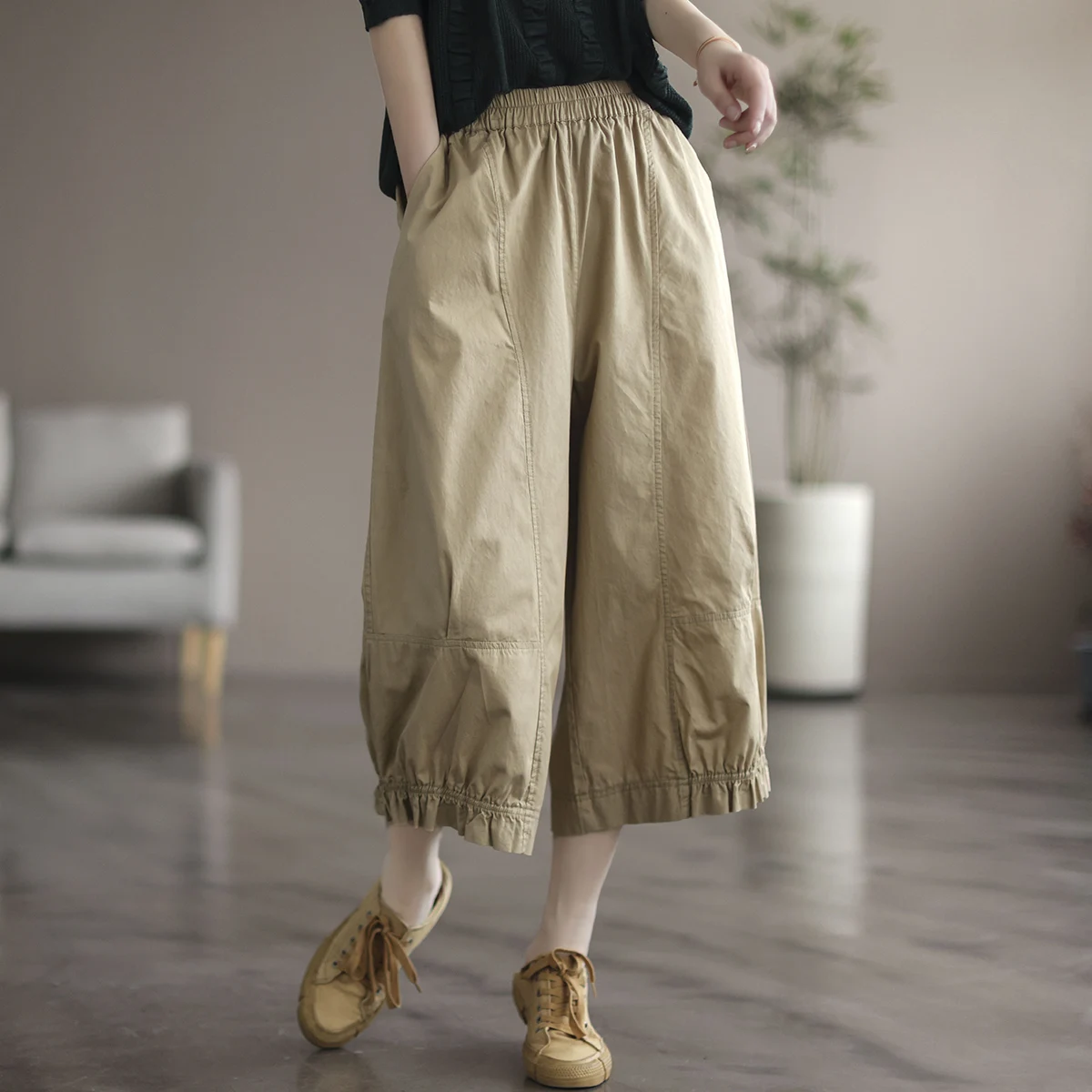 Vintage Cotton Linen Women Pants Summer Solid Elastic Wide Leg Casual All Match Female Clothing Top Quality