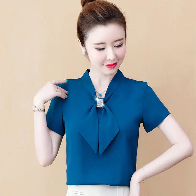 

Bow Blouse Short-sleeved Chiffon Shirt Female 2022 Summer New Slim Shirt Bottoming Shirt Loose Diamond Short Blouse Women