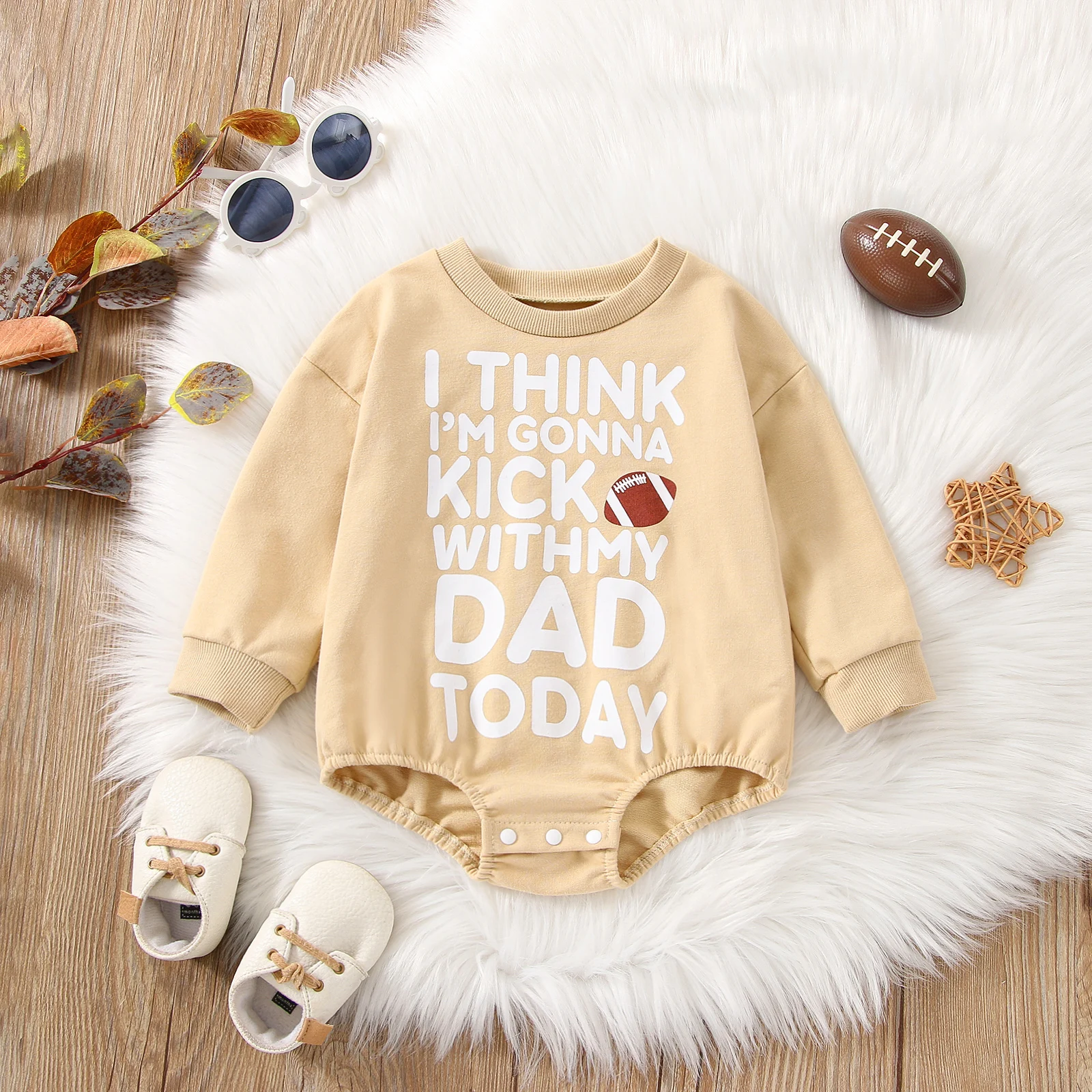 

2022-09-16 Lioraitiin 0-24M Newborn Infant Baby Girl Boy Autumn Football Season Bodysuit Rugby KICK Daddy Printed Cool Jumpsuit