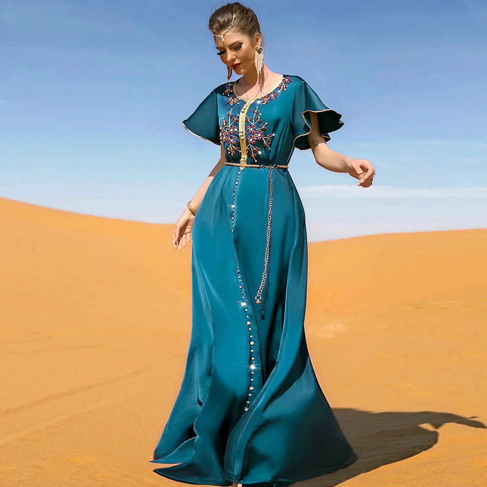 2023 Muslim Women's Hand-Sewn Short Sleeve Dress Dubai Travel Party Long Skirt Abaya Robes Ramadan Dress Long Dresses Abayat