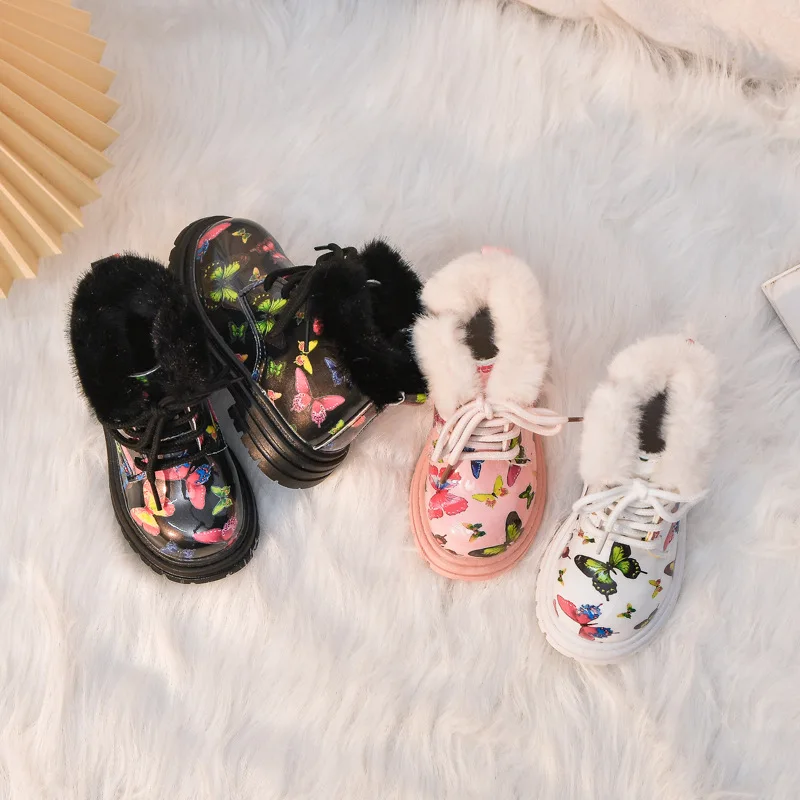 Girls' Boots 2024 Winter New Butterfly Print Baby Short Fashion Thicken Plush Children Ankle Warm Kids Cotton Shoes
