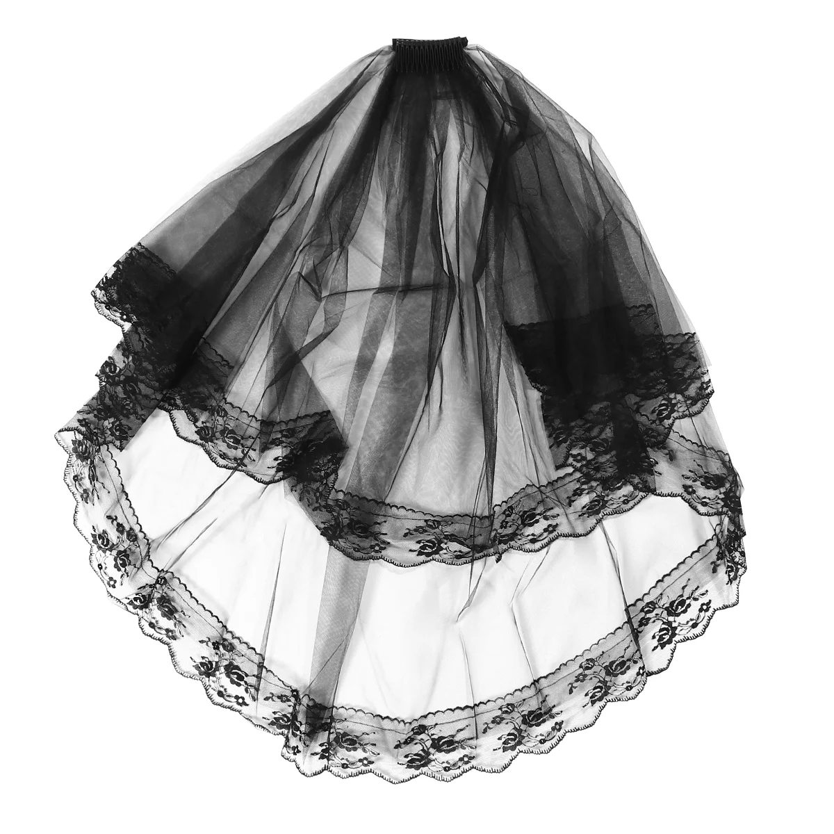 

Black Veil Mantilla Cathedral Tulle Floral Wedding Veil Masquerade Headwear Headdress with Comb for Stage Performance ( Black )