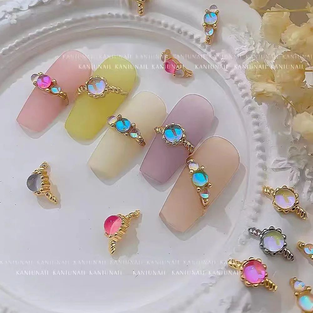 

5pcs Aurora Stone Ring Nail Art Rhinestone 3D Luxury Round Heart Crystal Inlay Alloy Abstinence Nail Jewelry Kawaii Nail Parts