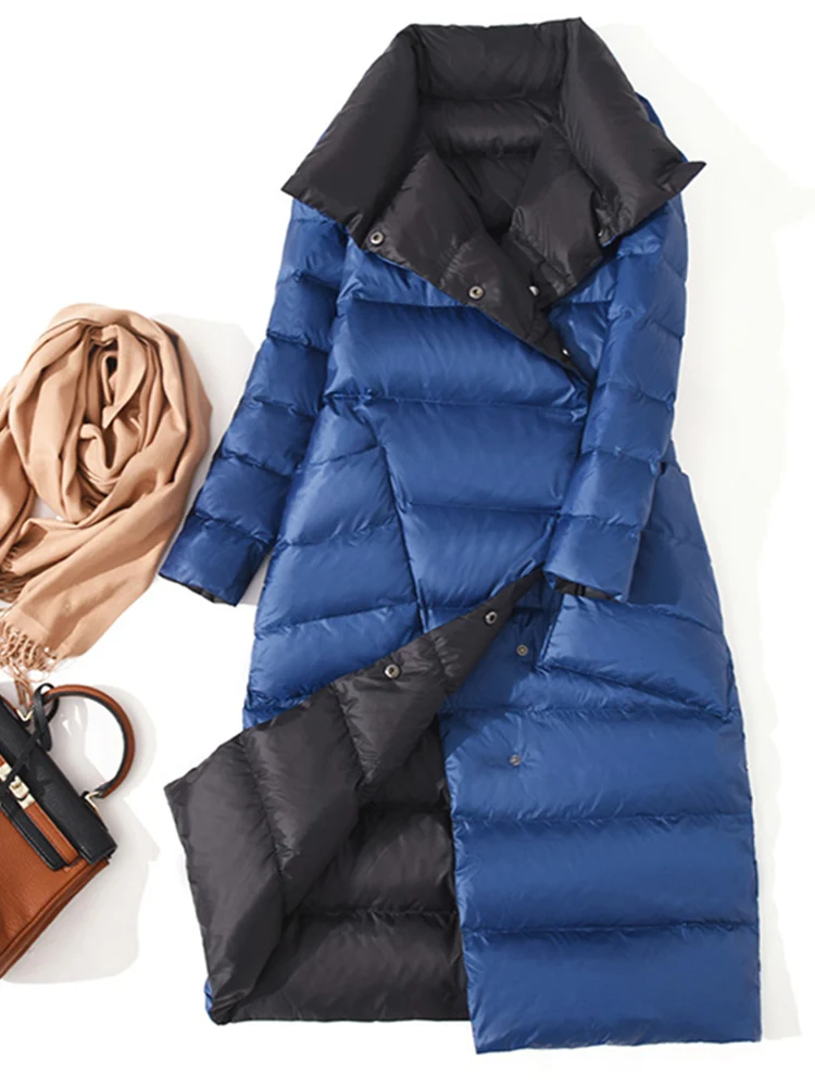 Women Double Sided Down Long Jacket Winter Turtleneck White Duck Down Coat Double Breasted Warm Parkas Snow Outwear