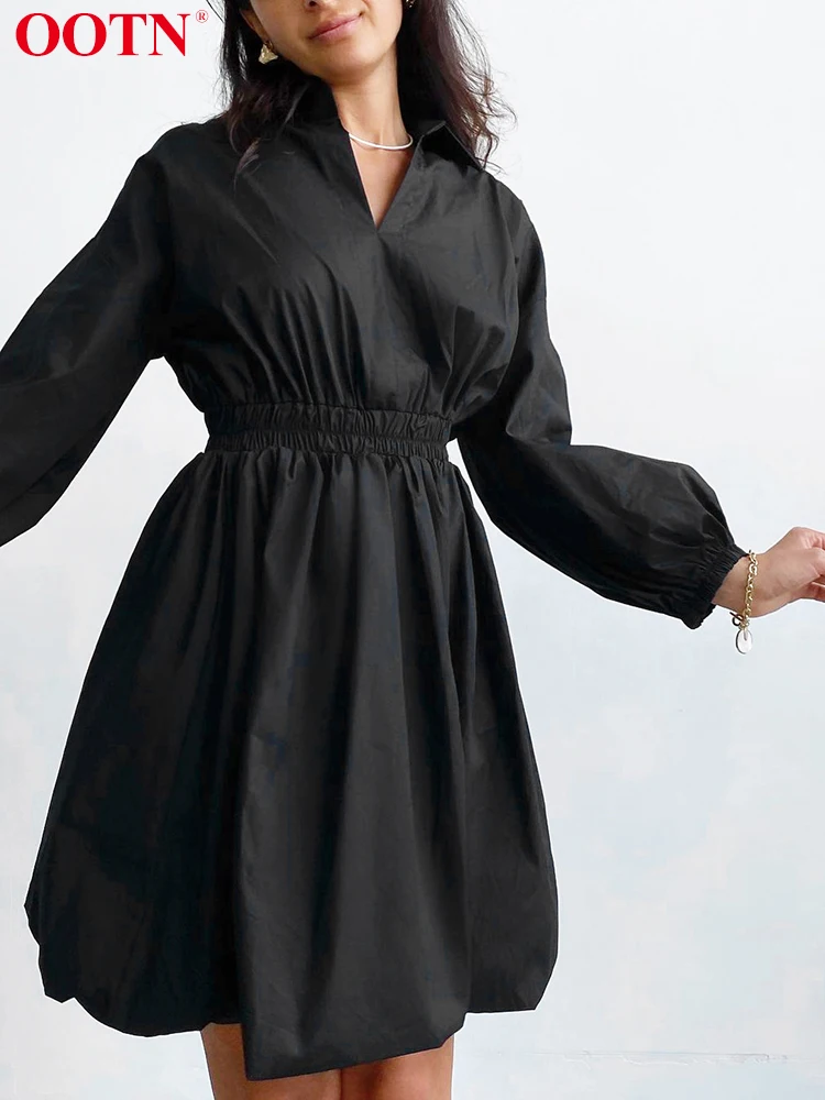 

Элегантное Черное мини-платье OOTN с рукавом-фонариком, плиссированное осеннее платье-рубашка с отложным воротником, повседневные однотонны...