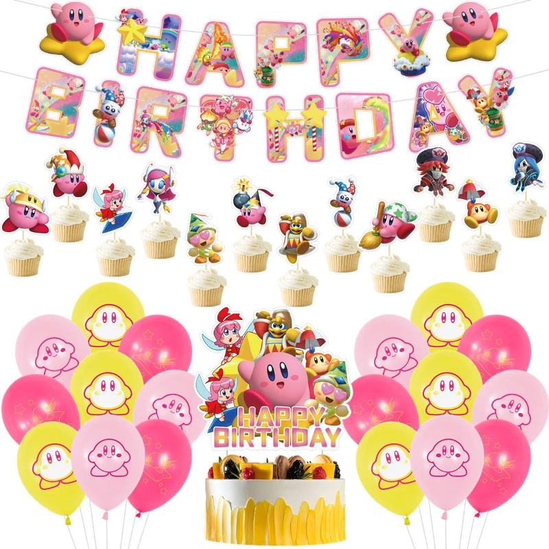 

Cute Kirby Balloon Children's Day Decorations Kawaii Birthday Pulling Banner Banner Cake Inserting Card Decoration Room Layout