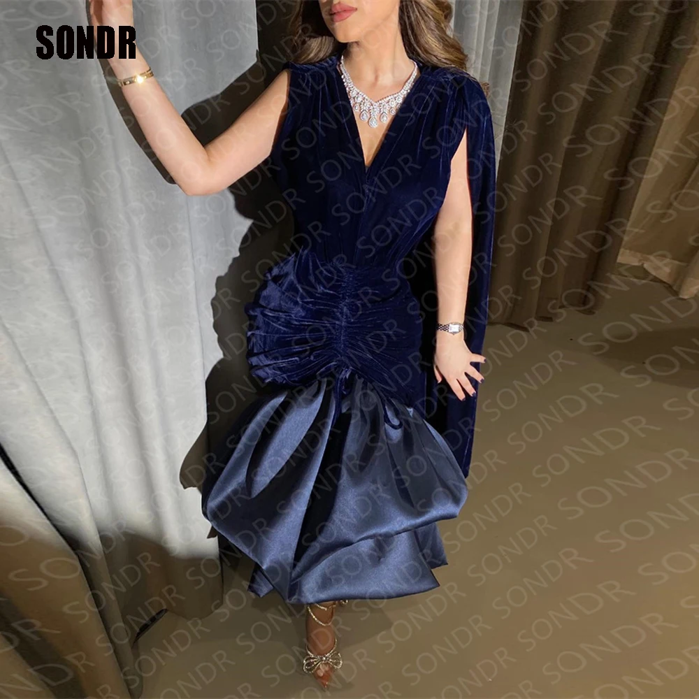 

SONDR Fashion Blue Velvet Sleeveless Arabic Prom Dresses V Neck Tea Length Sleeveless Evening Party Gowns Dress Robe De Mariage