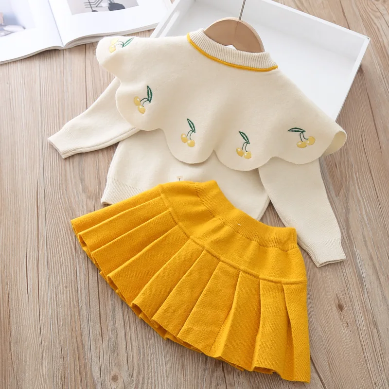 2022 Autumn Knitwear Princess Clothes Set For Girls Baby Kids Children Wear Cherry Sweater Coat + Pleated Skirts Two-piece Suit | Детская
