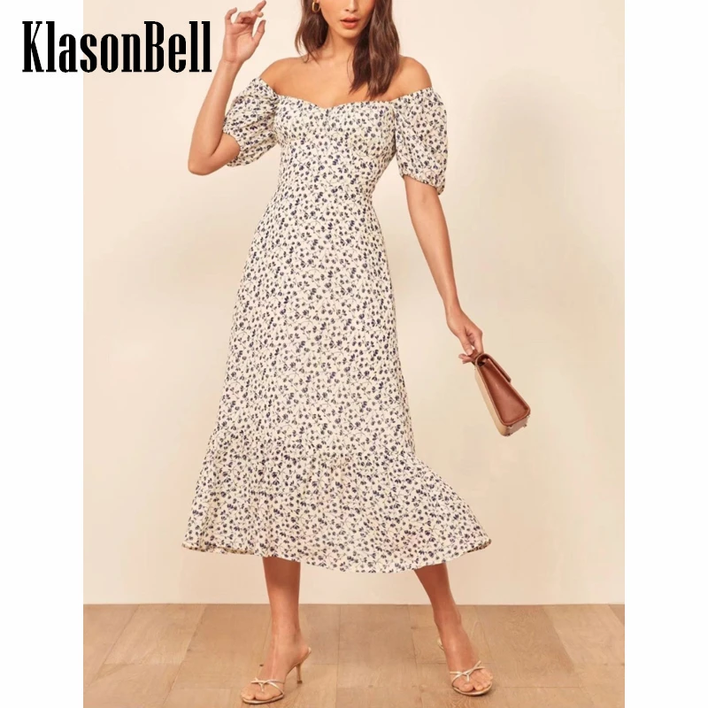 

5.18 KlasonBell Casual Holiday Sweetheart Neck Puff Sleeve Backless Floral Print Collect Waist Midi Dress Women