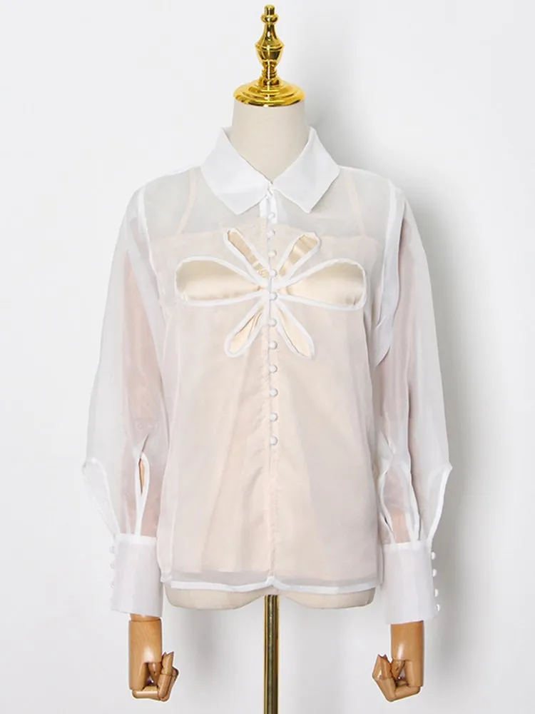 Женская однотонная однобортная блузка с длинным рукавом и отложным воротником