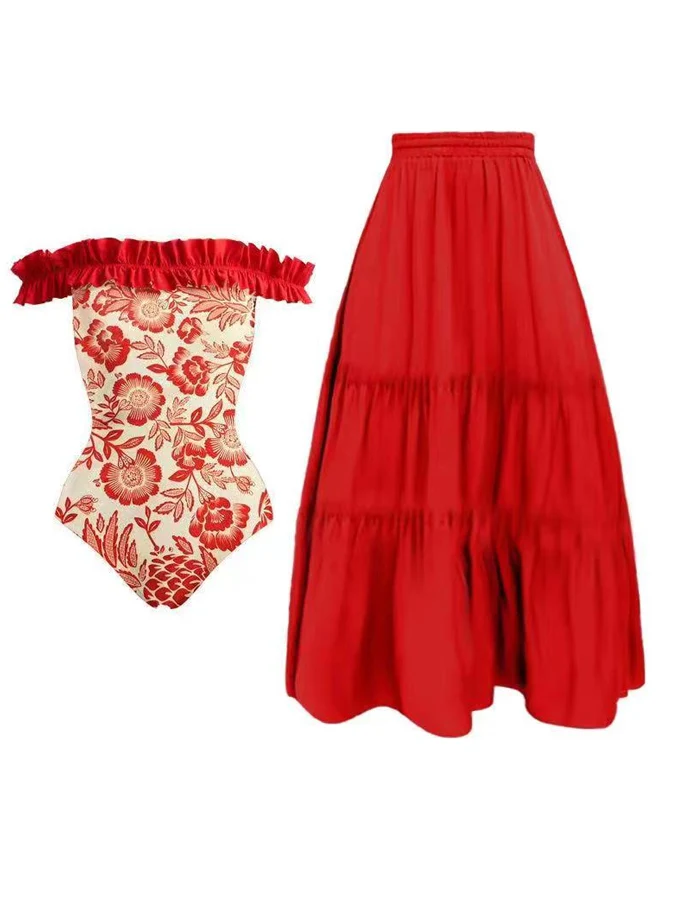Fashion Red Bikinis Sexy One-shoulder Ruffled One Piece Swimsuit Slim Summer Beach Wear Swimming Suit
