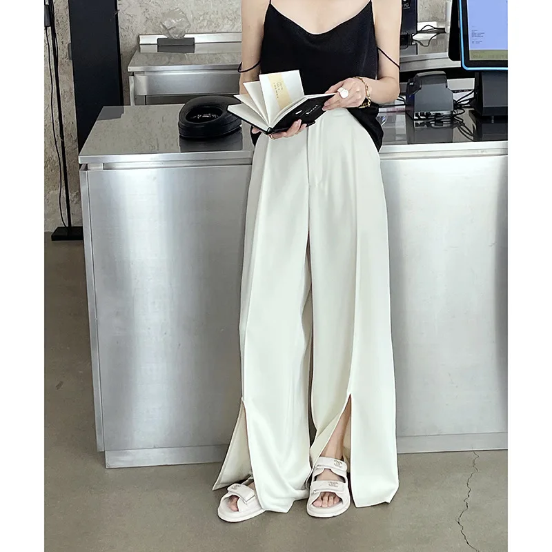 

SuperAen 2022 Summer New Women's Solid Simple All Match High Waist Straight Tube Slit Wide Leg Pants