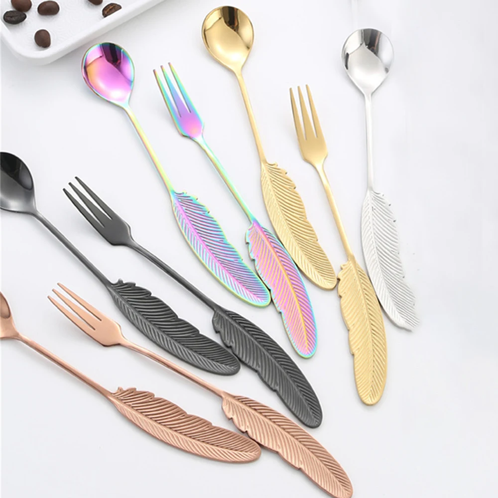 

304 Stainless Steel Spoon Dinnerware 1/2pcs Feather Spoon Fork Tableware Spoon Fork Creative Gift Spoon Gold Silver Fork Spoon