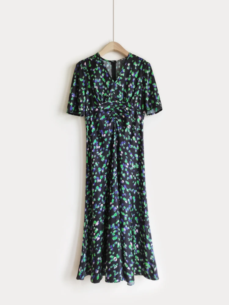 Шелковое атласное платье средней длины с V-образным вырезом и принтом UK 8-UK 14