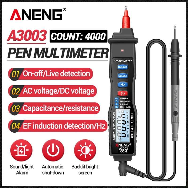 

ANENG A3003 Multimeter Digital Pen Type Meter Tester Tool 4000 Counts with Non Contact AC/DC Voltage Resistance Capacitance Hz